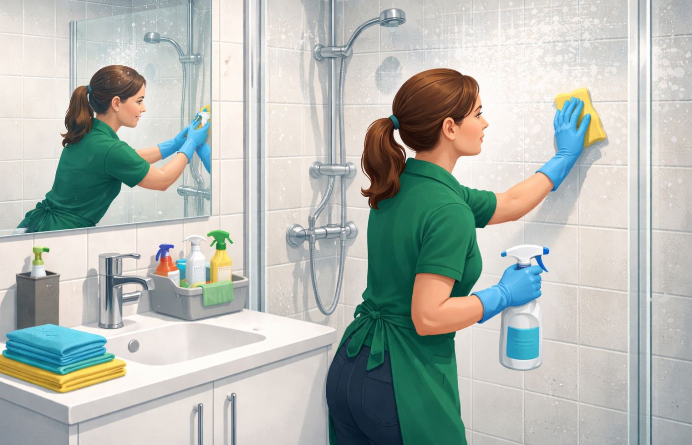 Clean A Bathroom in progress on kitchen surfaces with cleaning tools visible