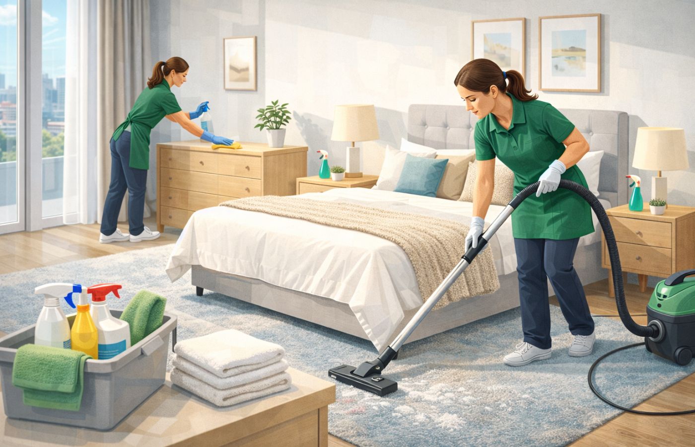 Clean A Bedroom in progress on kitchen surfaces with cleaning tools visible