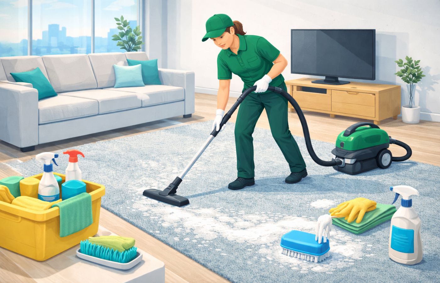 Deep Clean Carpet in progress on kitchen surfaces with cleaning tools visible