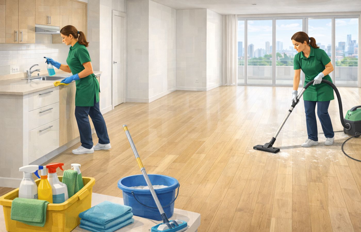 End Of Tenancy Cleaning Checklist in progress on kitchen surfaces with cleaning