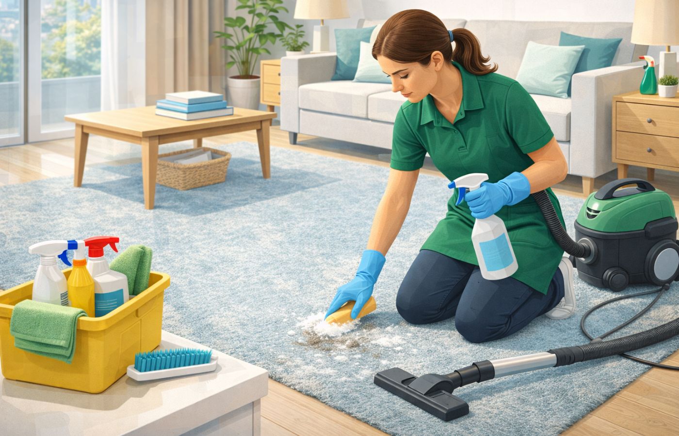 Clean A Carpet in progress on kitchen surfaces with cleaning tools visible