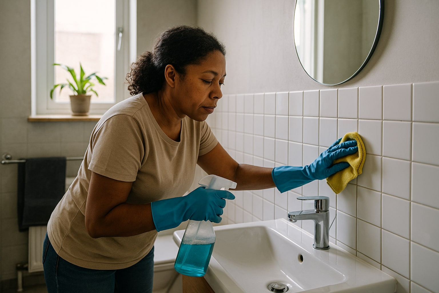 Remove Stains From Bathroom in progress on kitchen surfaces with cleaning tools